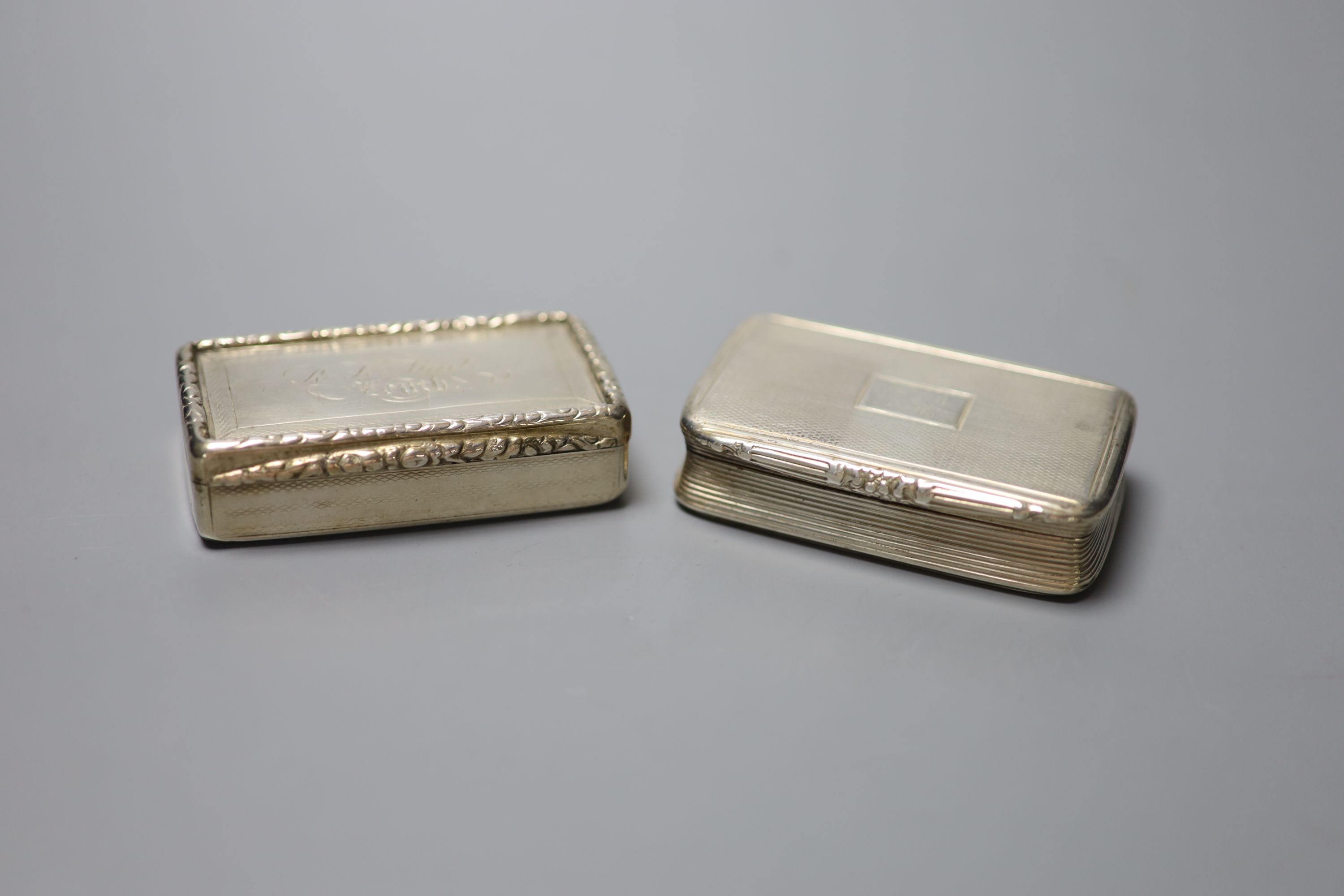 A William IV engine turned silver snuff box, Joseph Wilmore, Birmingham, 1836, 72mm and one other silver snuff box.